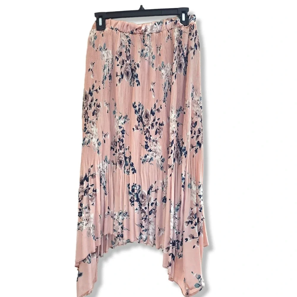 Melrose and Market Womens Medium Midi Skirt Pleated Pink floral Micro pleated‎